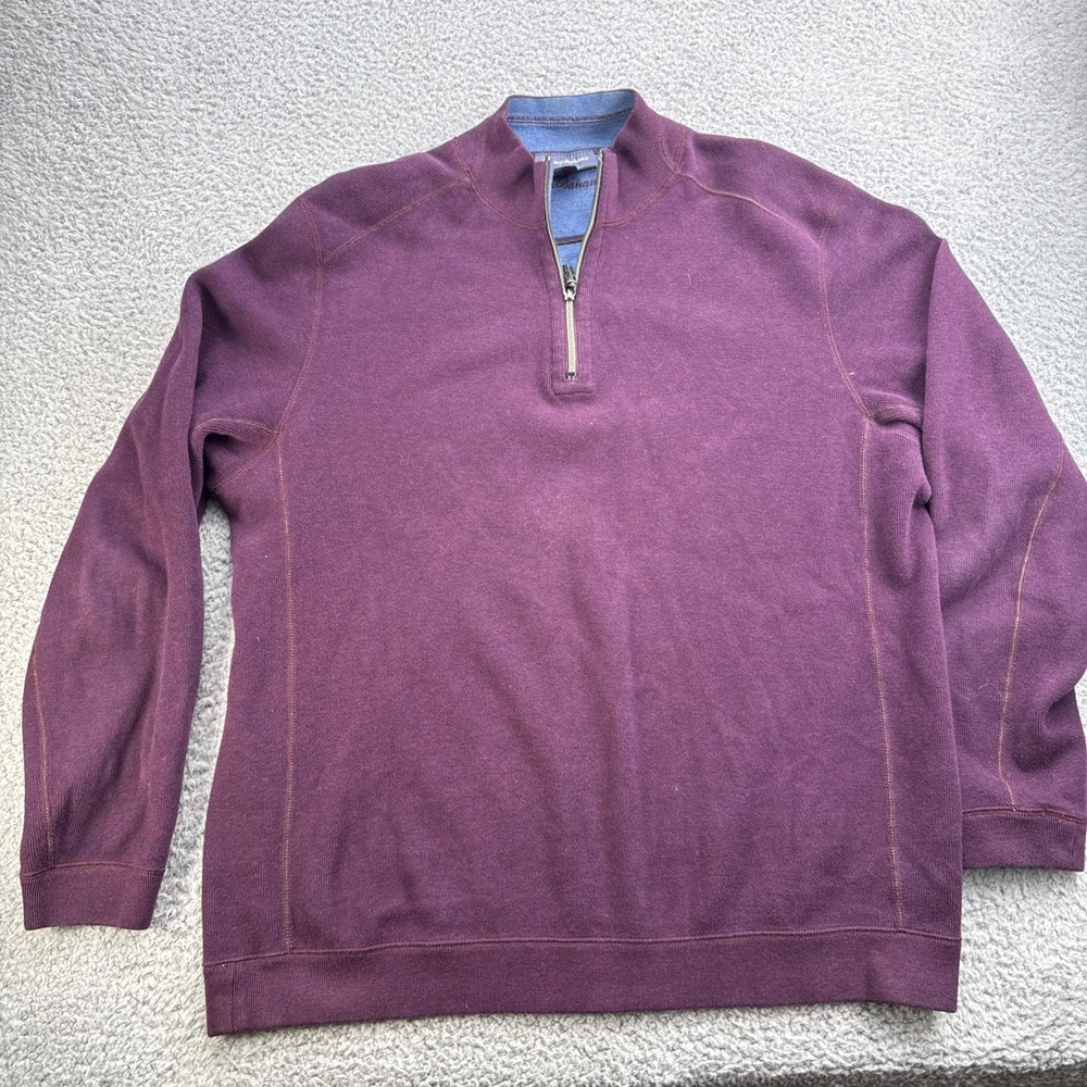 Tommy Bahama Sweater Mens Large Blue Burgundy Solid Reversible 1/4 Zip Pullover